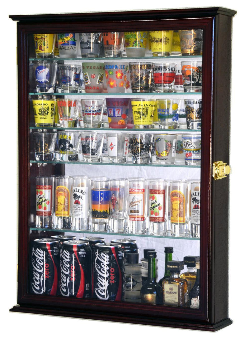 Large Mirror Backed and 7 Glass Shelves Shot Glasses Display Case Cabinet - sfDisplay.com